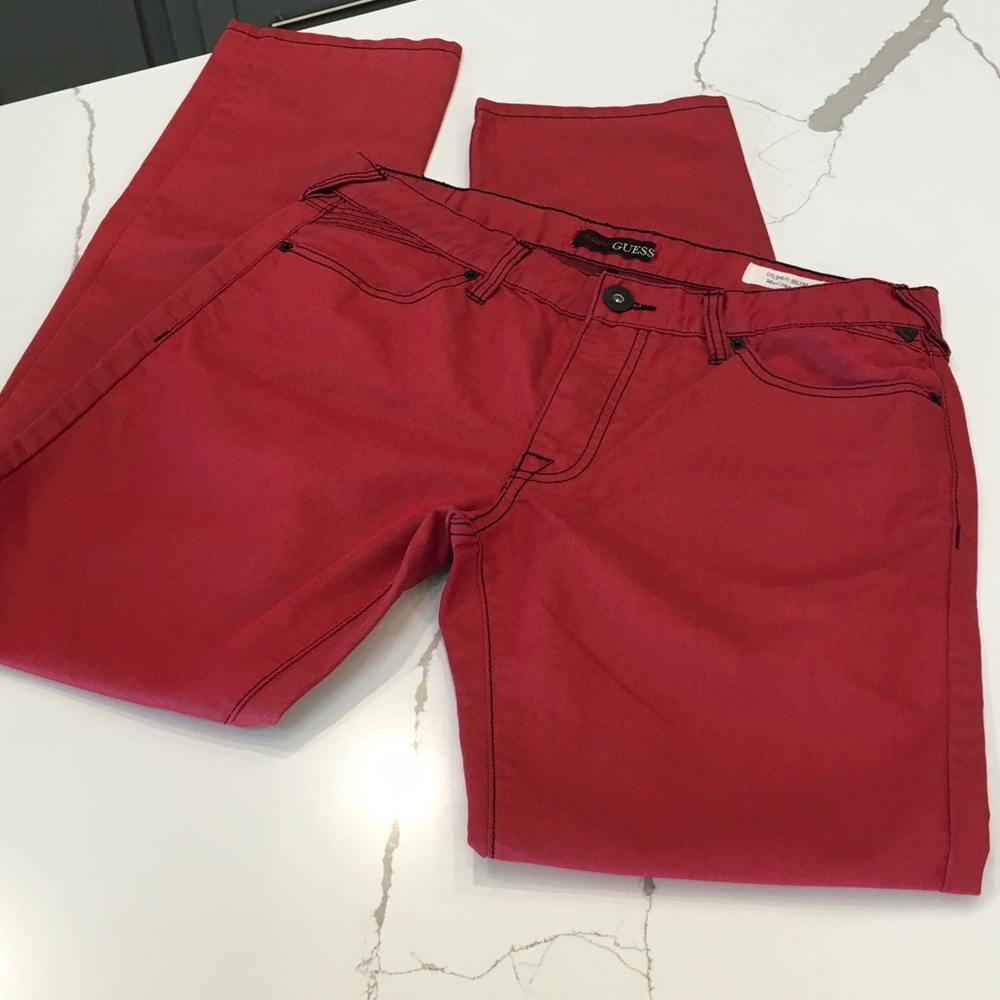 Guess Men’s Red Slim Jeans - Vibrant Scarlet Denim 32x32 Ultra Slim Mccrae Fit